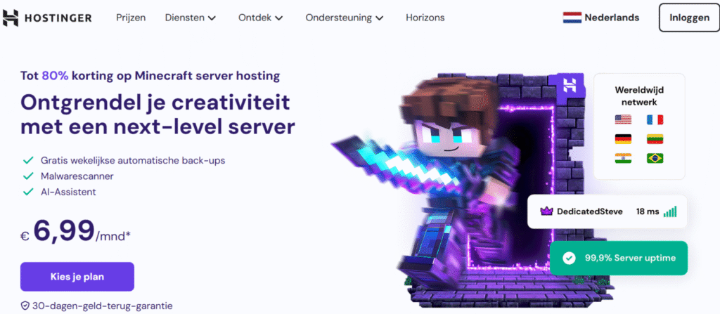 Hostinger- Minecraft server hosting - Lage latentie en hoge prestaties